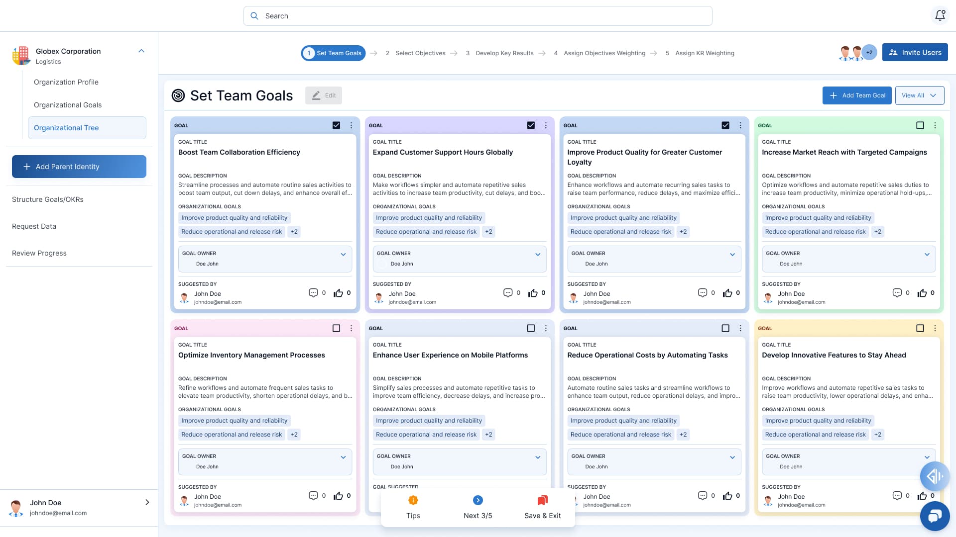 Live Goalytics session with team members setting and voting on goals together in real time
