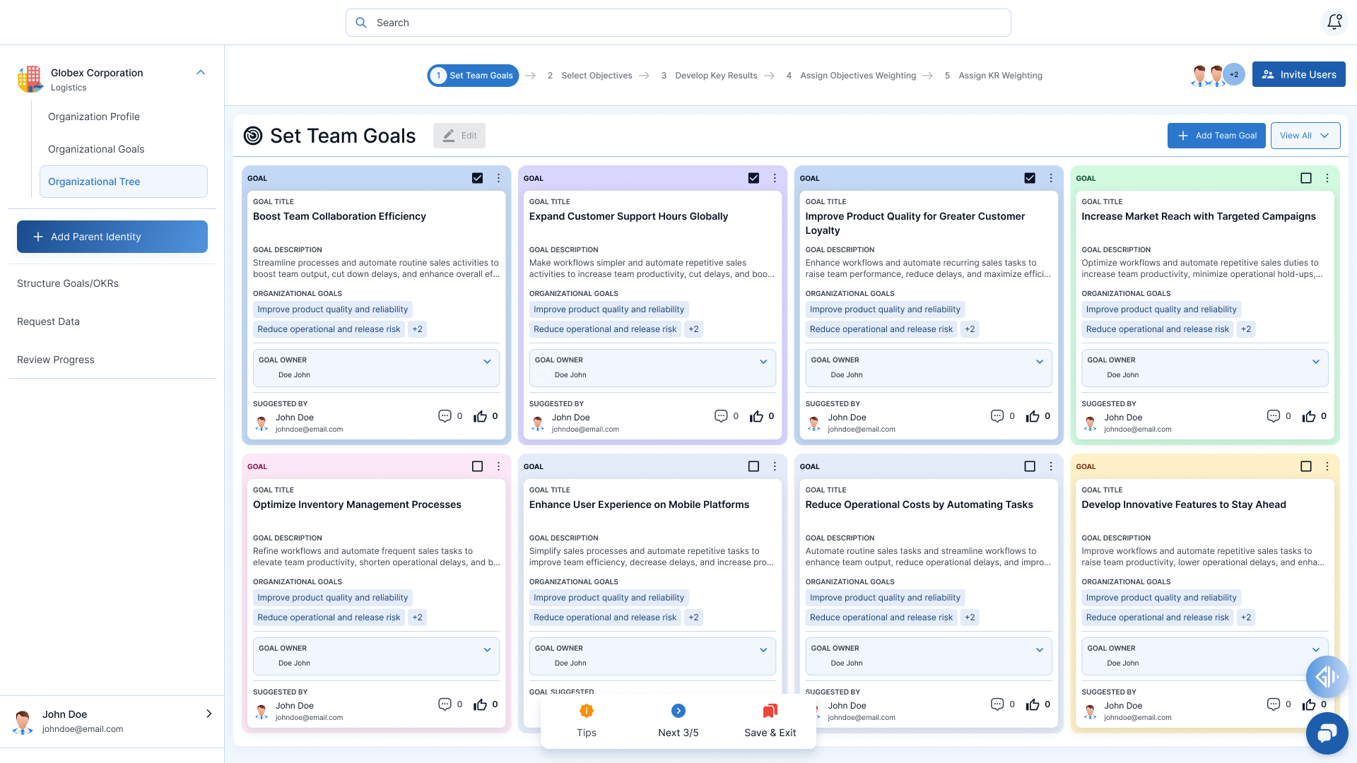 Live Goalytics session with team members setting and voting on goals together in real time